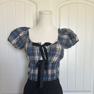 Plaid Puff Sleeve Top with Bow Detail